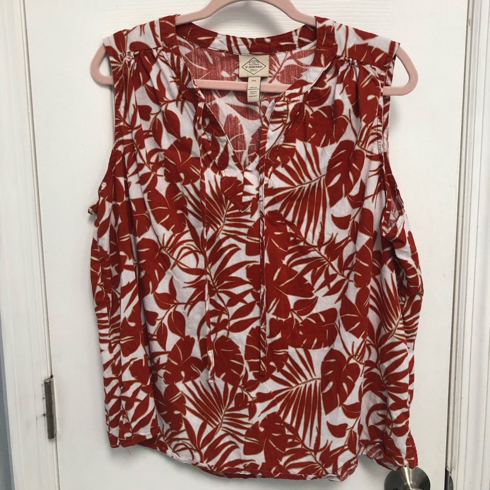 St. John's Bay Petite Red Leaf Print Floral V-Neck Sleeveless Blouse PXL Women’s